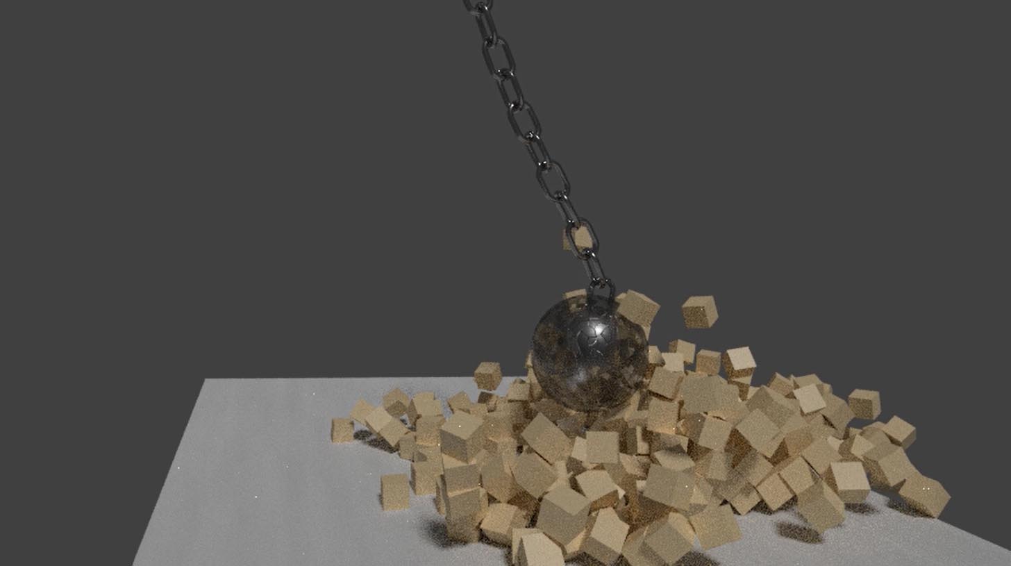 Vidéo 3D d'une boule en acier percutant des cubes en bois